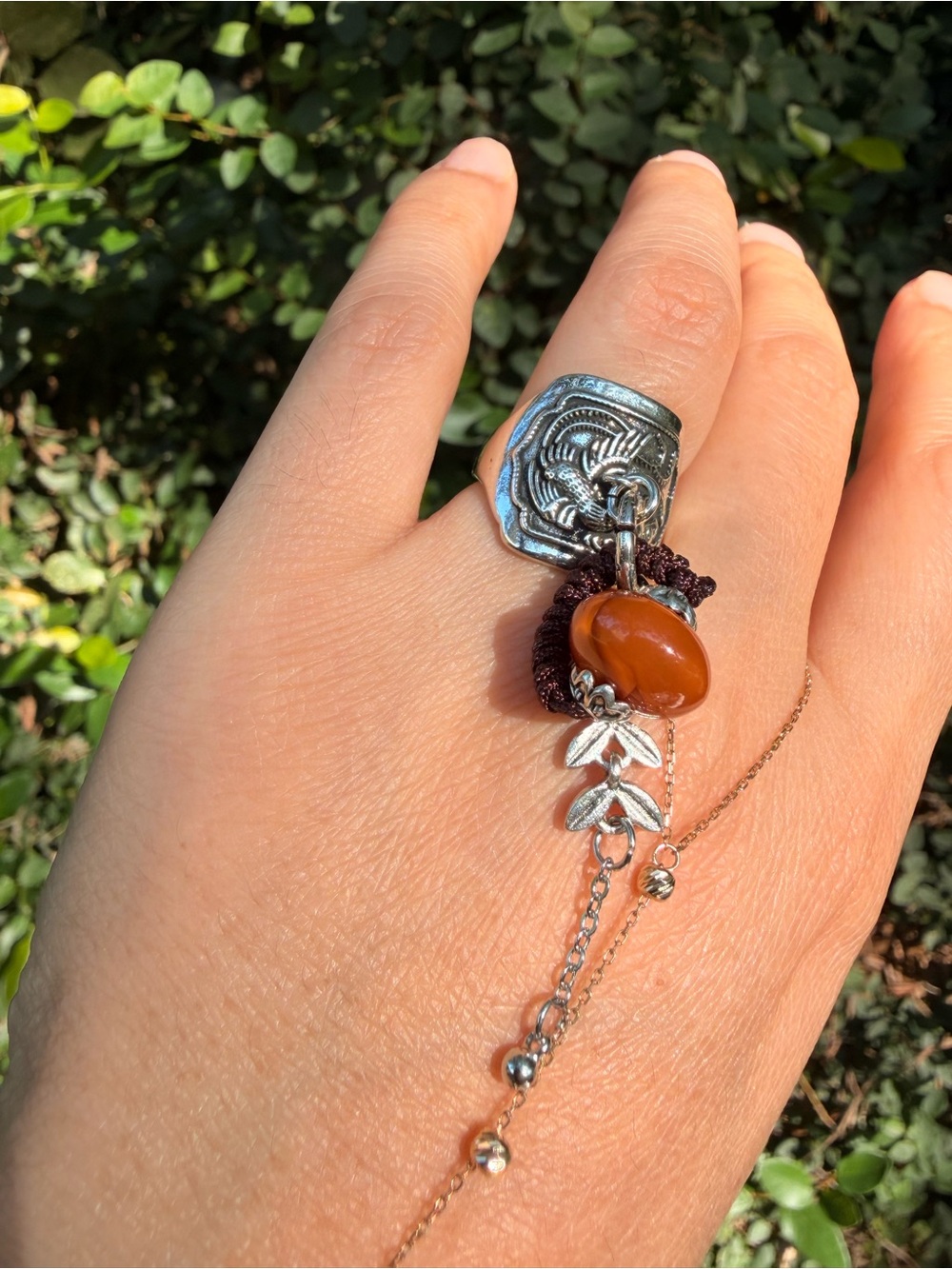 Silver Lion Signet Ring with Brown Bead Charm - Picture 5 of 7